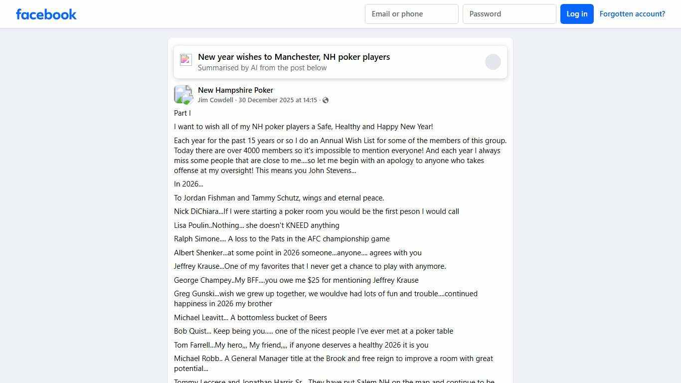 New Hampshire Poker Part I Facebook